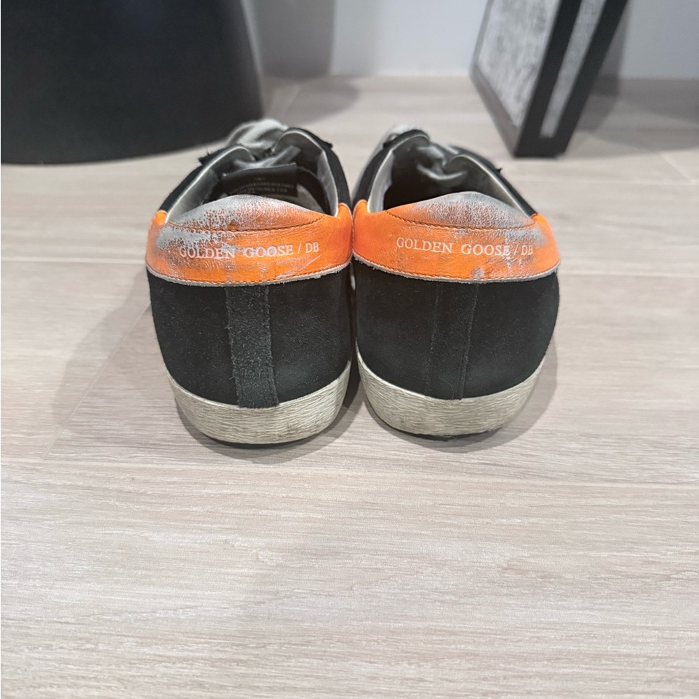 Golden Goose Black Suede Sneakers with Gray Star and Orange Heel Accent - Picture 2 of 4
